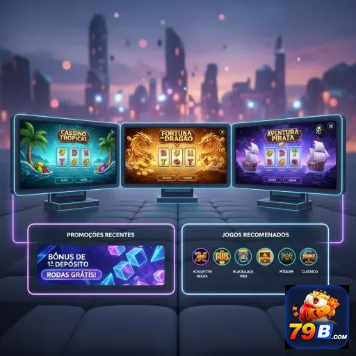 Três monitores exibindo jogos no cassino online 79b.