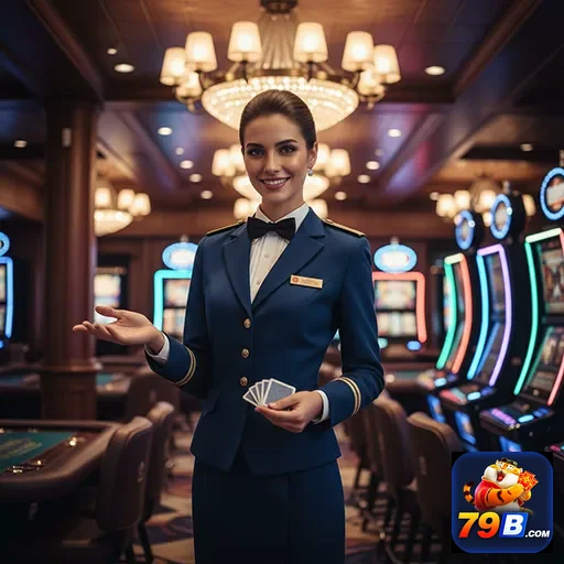 Funcionária da 79b apresenta serviço VIP em cassino moderno.