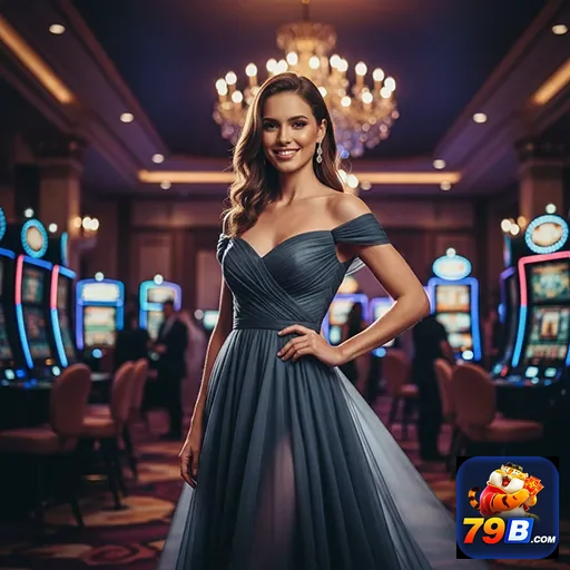 Jogadora em ambiente de cassino VIP da 79b com máquinas ao fundo.