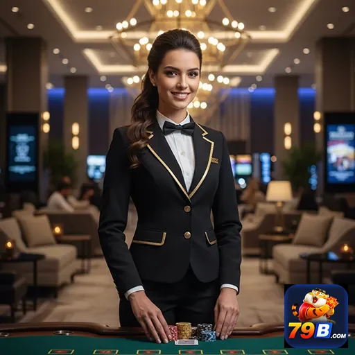 Atendente sorridente em ambiente sofisticado do 79b.
