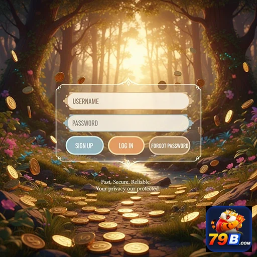 Tela de login do 79b em um ambiente de floresta encantada.