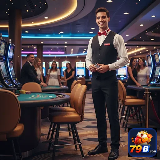 Jogador e crupiê em ambiente VIP do cassino 79b.