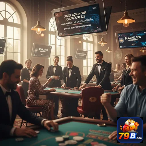 Ambiente VIP da 79b com jogos de mesa e crupiês reais.