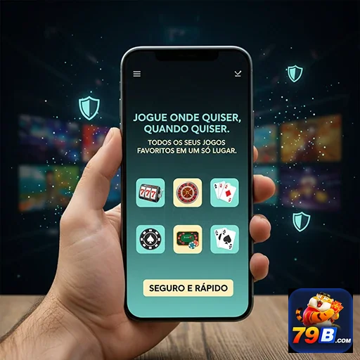 Usuário em celular jogando slots e jogos no 79b.