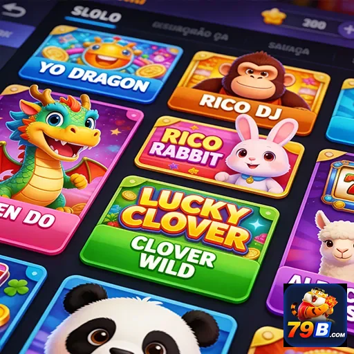 Tela do site 79b com diversos jogos de slots coloridos.