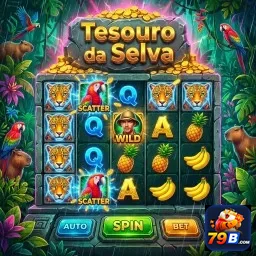 Tela de slot 'Tesouro da Selva' da 79b com símbolos diversos.
