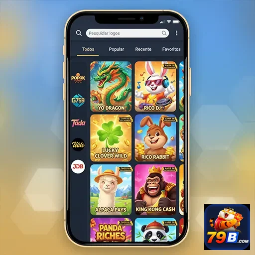Tela do celular mostrando jogos disponíveis no 79b.