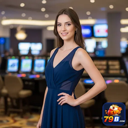 Modelo representando acesso VIP no 79b com cassino ao fundo.