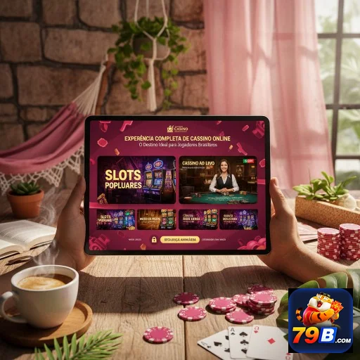 Usuário acessa o aplicativo 79b em um tablet, destacando slots.